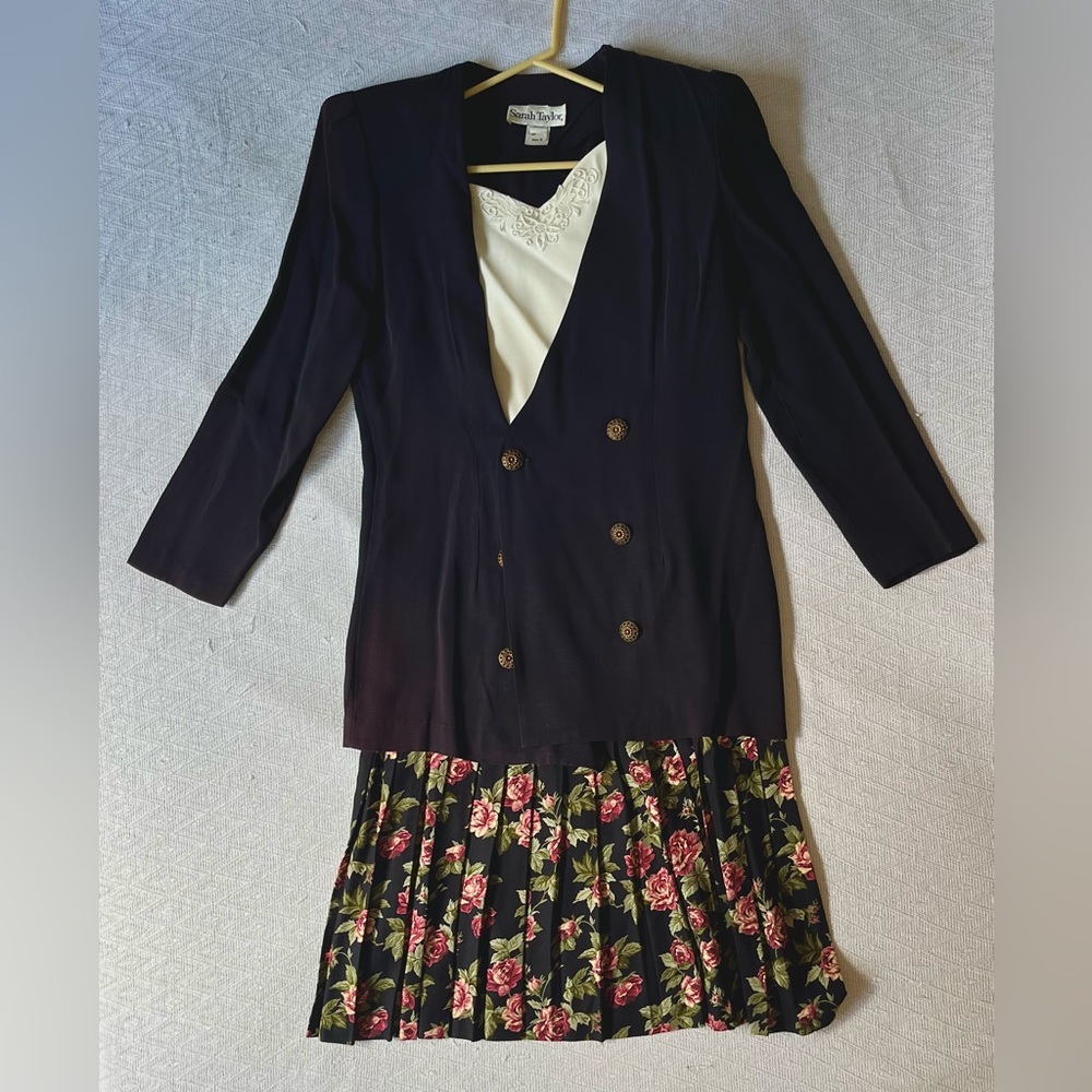 Two-piece Set: Black Blazer with Red Undertone with Floral Dress
